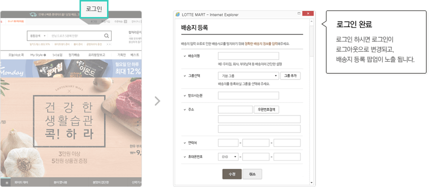 로그인 완료:로그인 하시면 로그인이 로그아웃으로 변경되고, 배송지 등록 팝업이 노출 됩니다.
