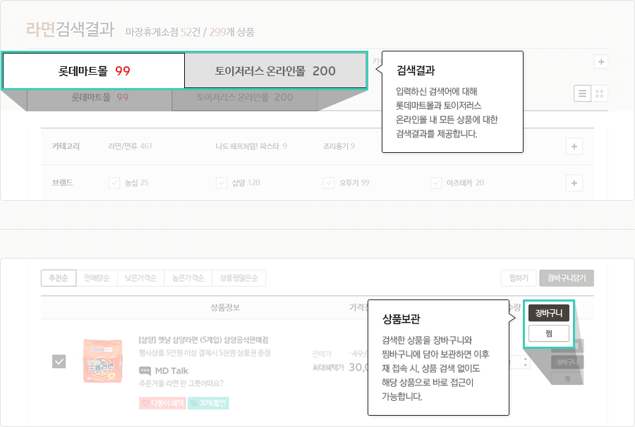 검색결과:입력하신 검색어에 대해 롯데마트몰과 토이저러스 온라인몰 내 모든 상품에 대한 검색결과를 제공합니다. 상품보관:검색한 상품을 장바구니와 찜바구니에 담아 보관하면 이후 재 접속 시, 상품 검색 없이도 해당 상품으로 바로 접근이 가능합니다